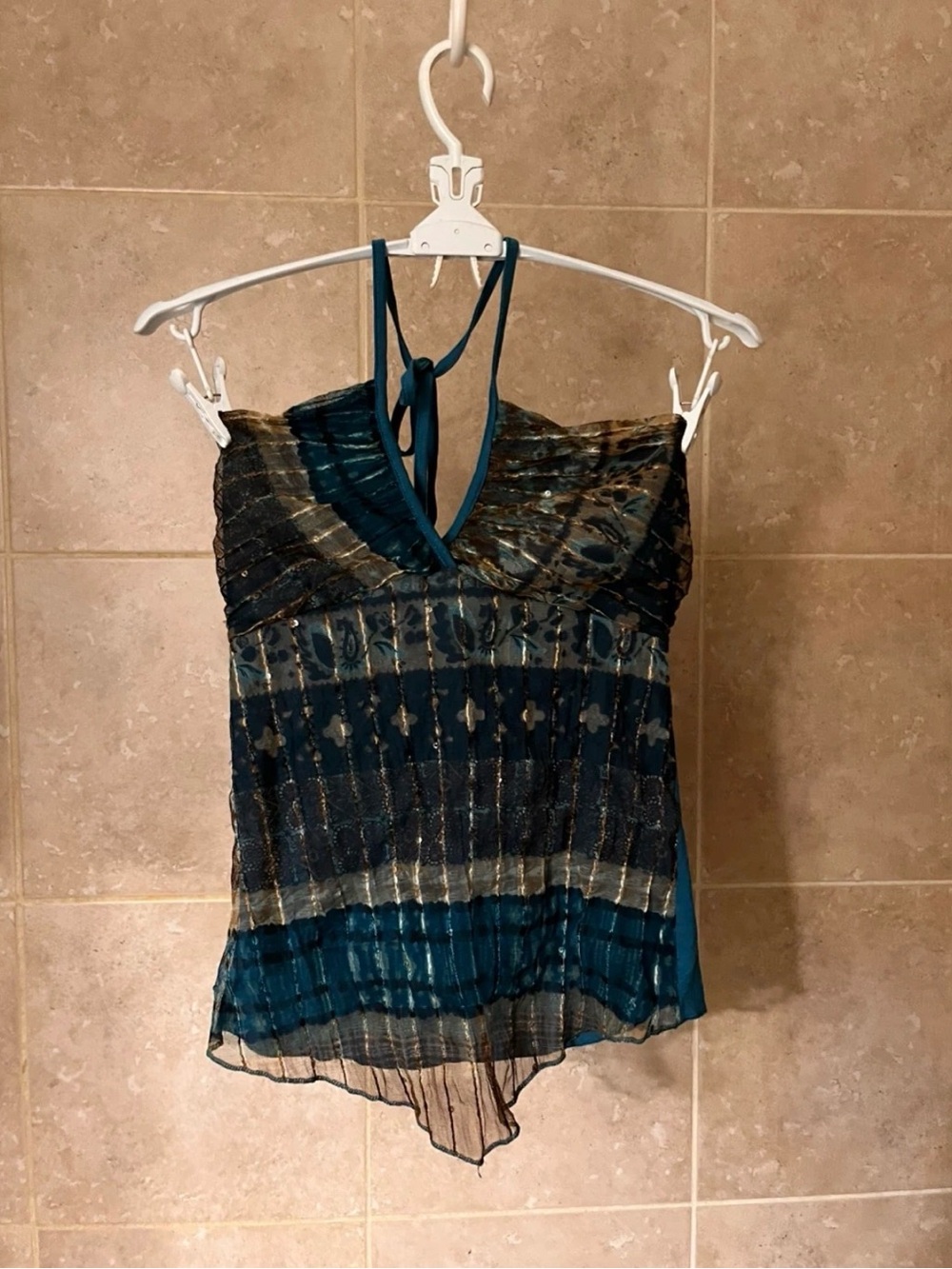 Sleeveless Teal and Black Halter-Back Camisole